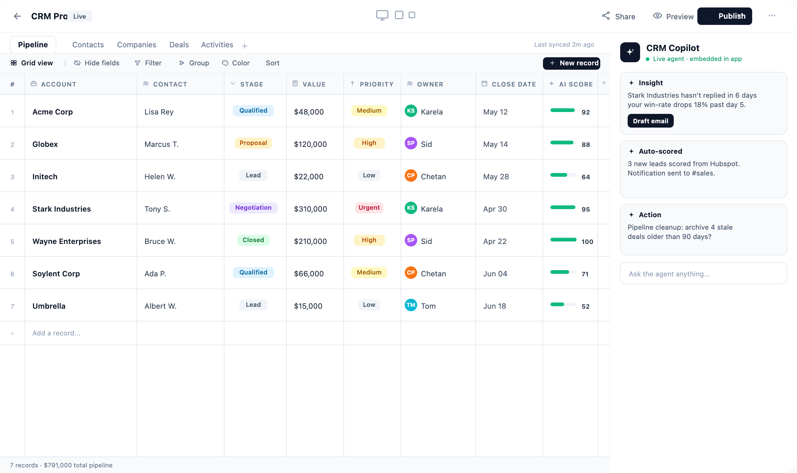 Internal CRM application built with the Arkios AI app builder